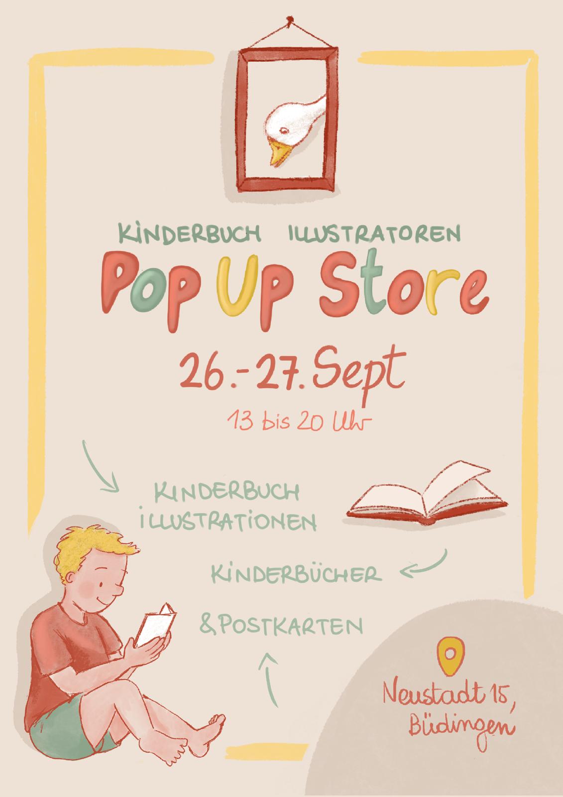 Plakat: Kinderbuch-Illustratoren Pop-up-Store am 26. und 27. September, 13 bis 20 Uhr, Neustadt 15, Büdingen – Kinderbuch-Illustrationen, Kinderbücher und Postkarten